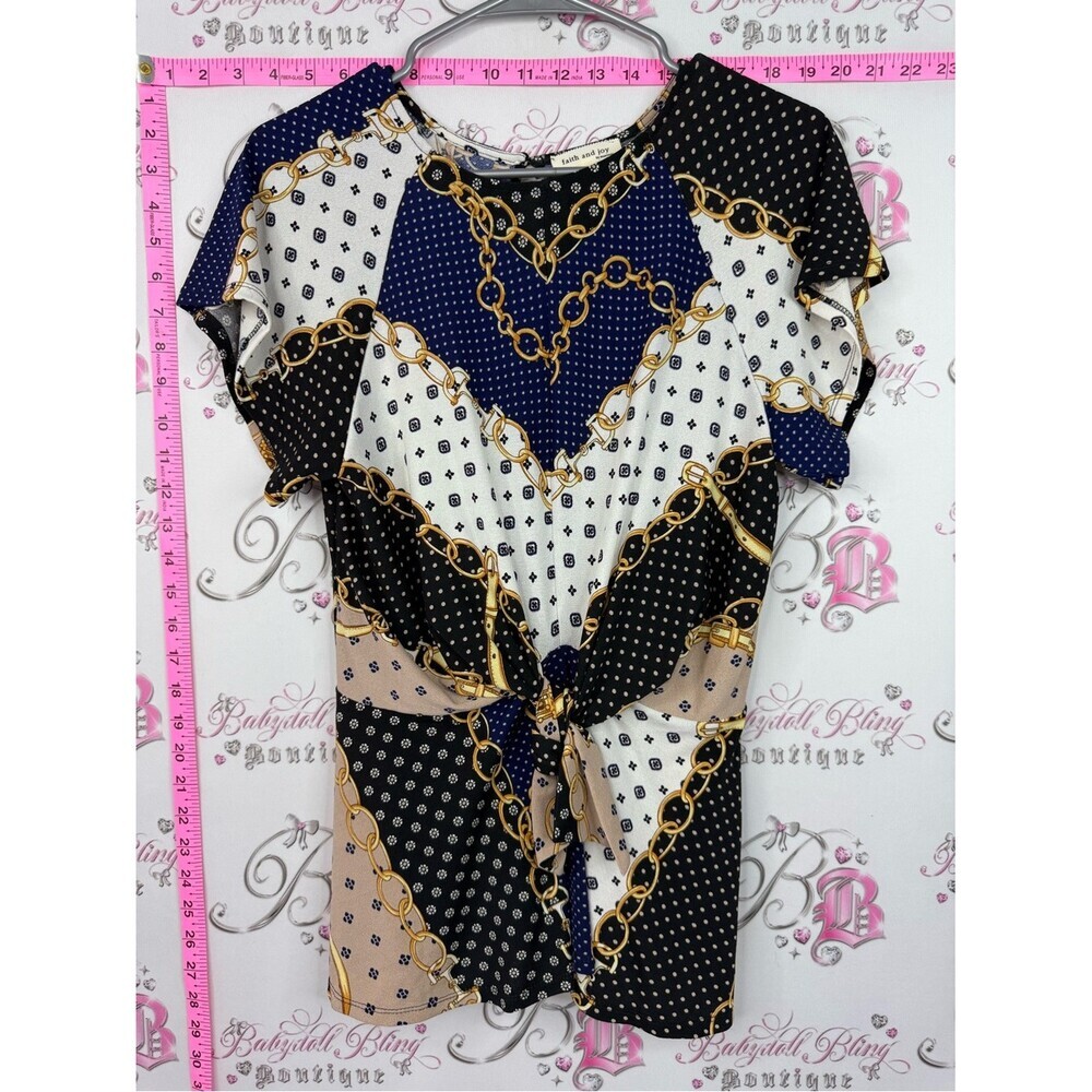 Faith and Joy shirt Navy Black Cream Chain-Print Tie-Front Top